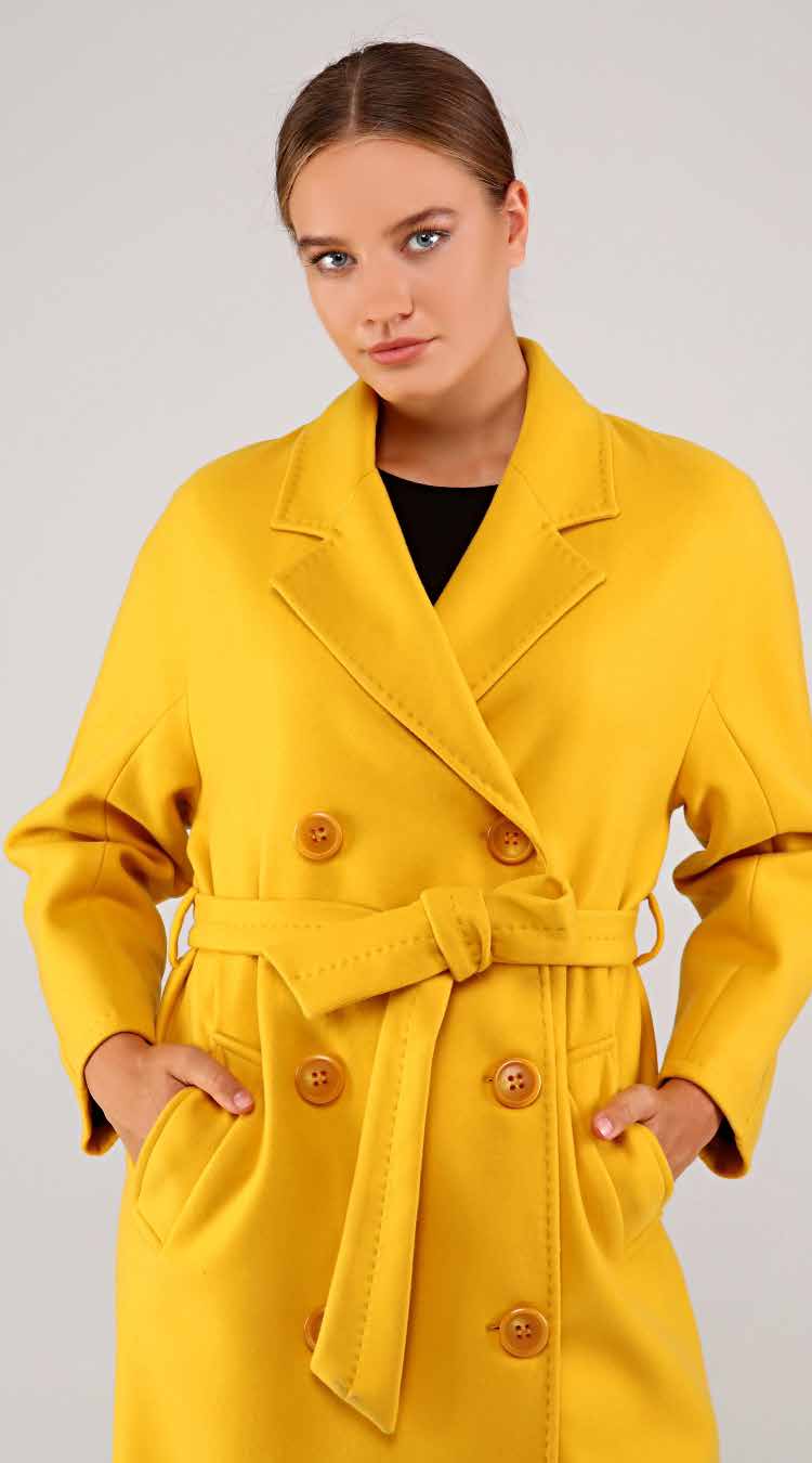 Woman wearing a yellow coat with a plain background