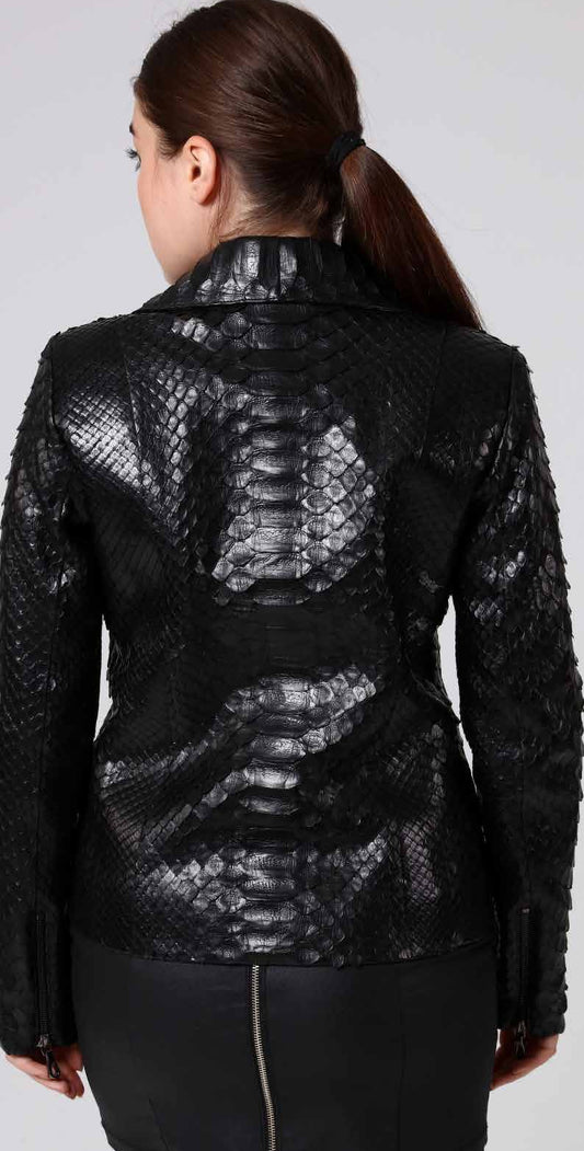 Person wearing a black phyton jacket on a white background