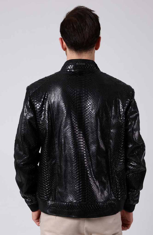 Man wearing a black textured leather jacket on a white background