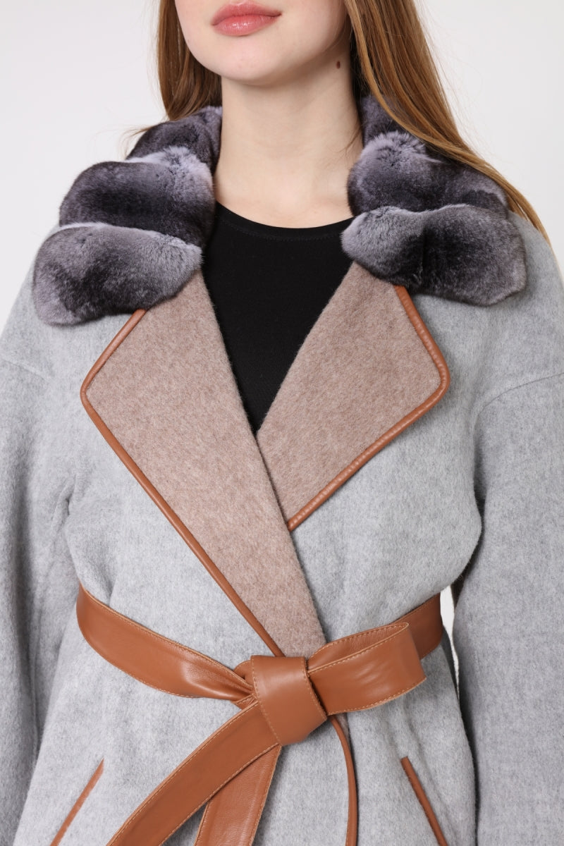 Gray coat with fur collar and brown belt on a white background