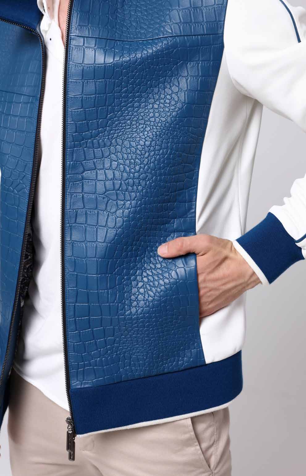 Blue textured jacket with a white shirt underneath on a neutral background