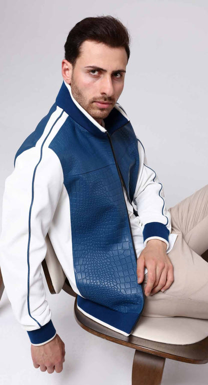 Man wearing a white and blue jacket with a crocodile texture on a white background