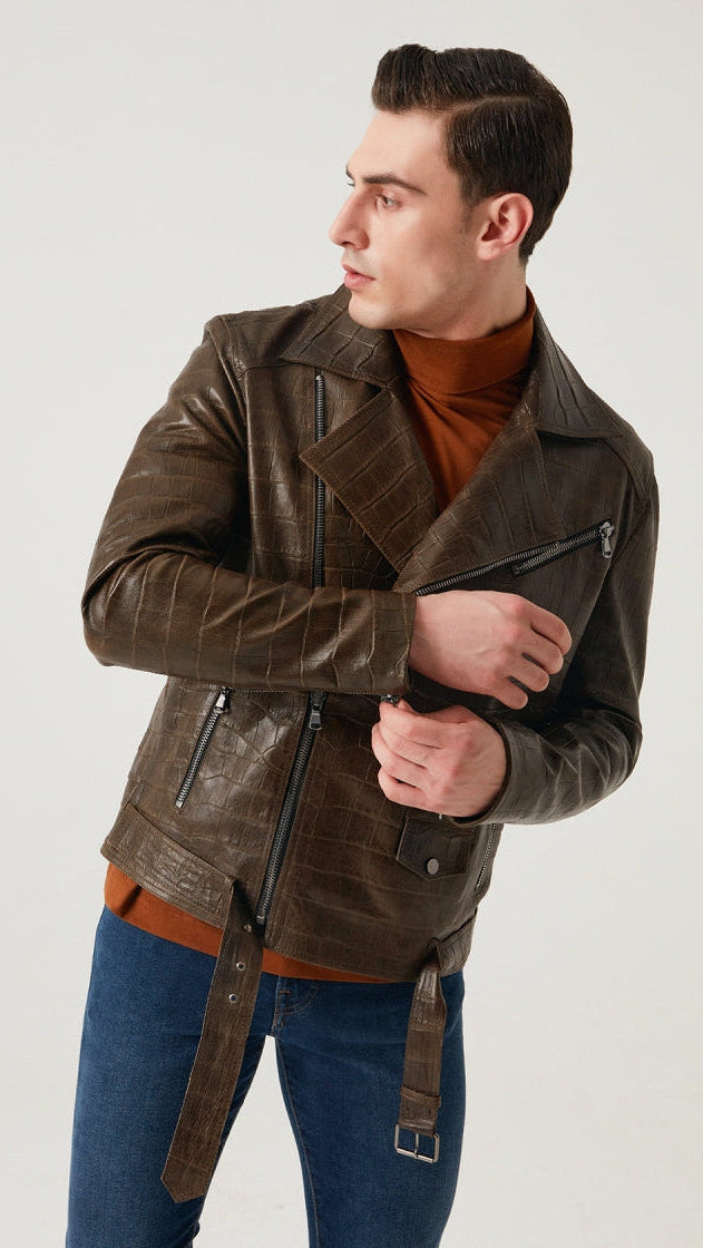 Man wearing a brown leather jacket with a white background