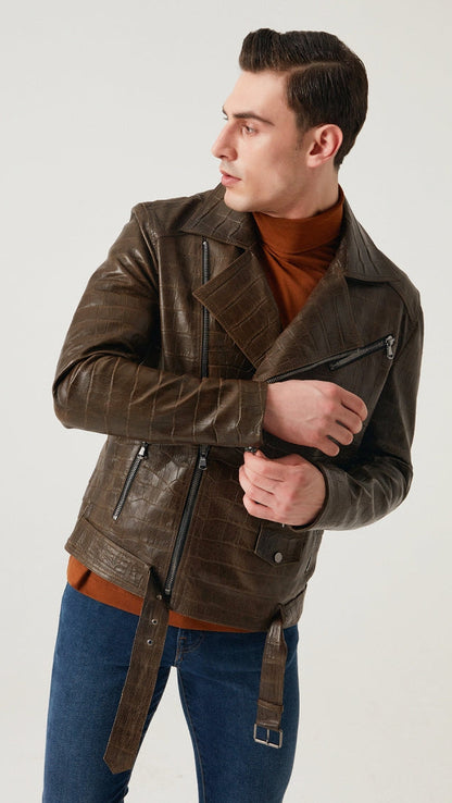 Man wearing a brown leather jacket with a white background
