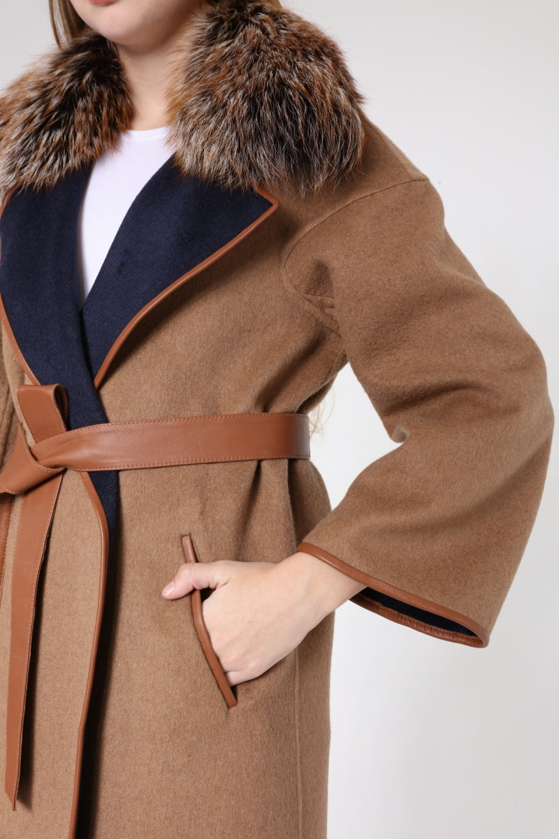 Brown coat with fur collar and belt on a white background
