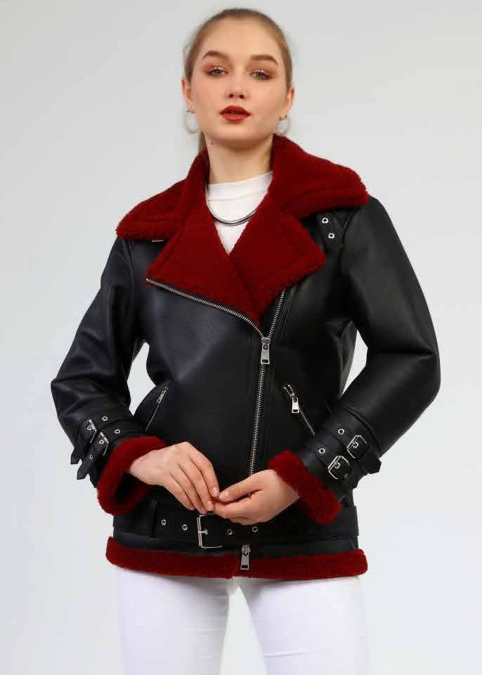 Black leather jacket with red fur trim worn by a model on a white background