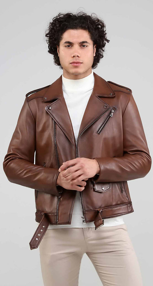 Man wearing a brown leather jacket on a plain background