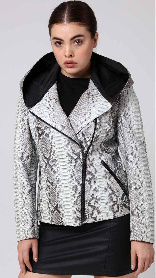 Woman wearing a phyton jacket with a black collar on a white background