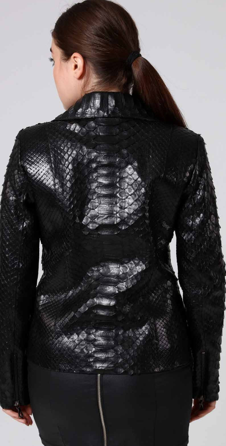 Person wearing a black phyton jacket on a white background