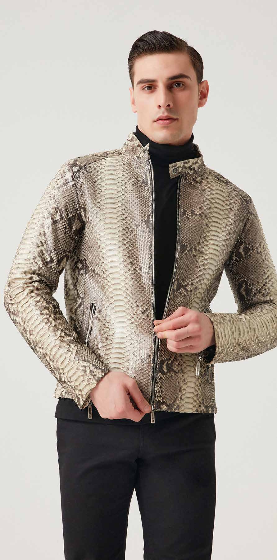 Man wearing a patterned jacket on a white background