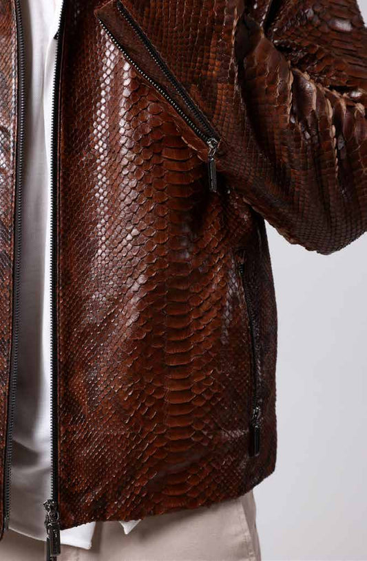 Brown textured jacket with a zipper on a light gray background