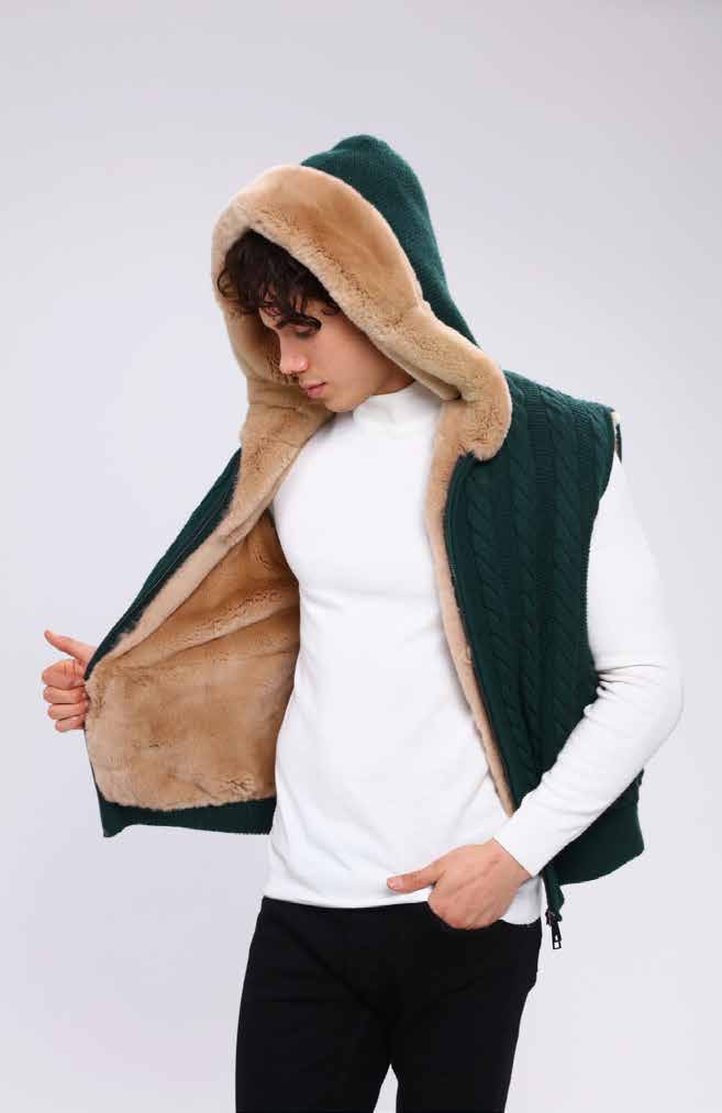 Man wearing a green vest with a brown hood on a white background